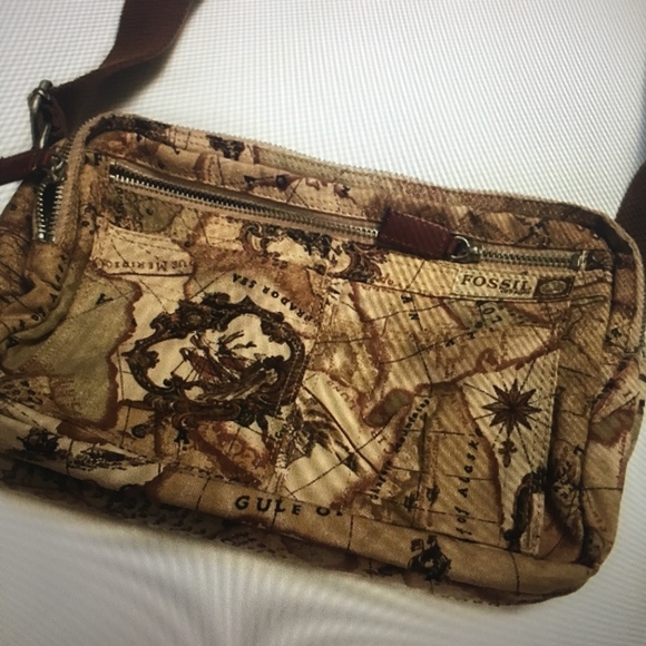 FOSSIL Rare Vintage Map Leather Crossbody Bag - Picture 3 of 8
